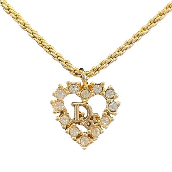 AUTH CHRISTIAN DIOR 90s Open Heart 18k Gold Crystal necklace 16” made in Germany - Picture 6 of 9